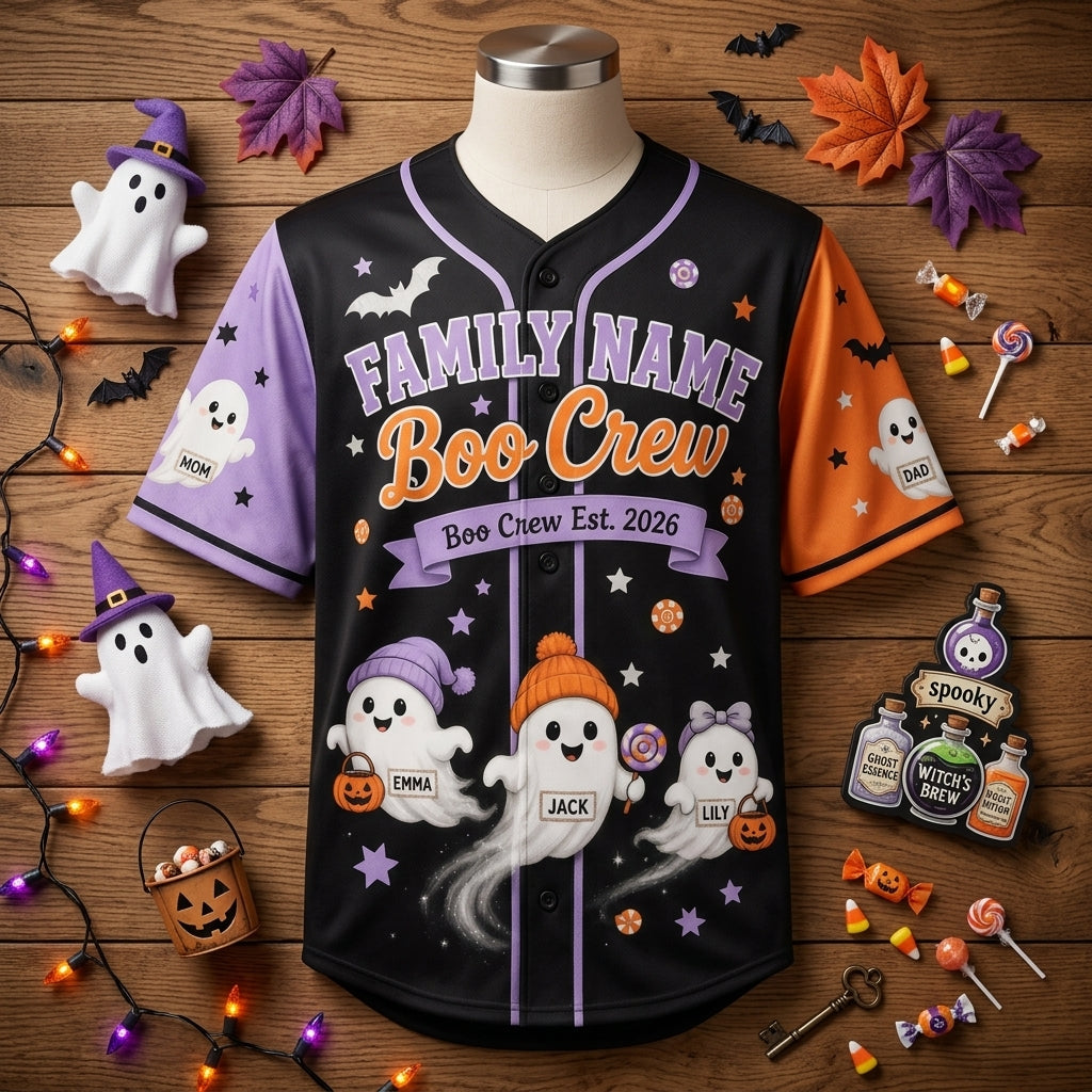 Personalized Family Name Boo Crew Halloween Baseball Jersey - Custom Ghost Family Matching Outfit