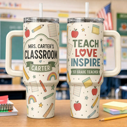 Personalized Teacher 40oz Tumbler with Handle, Custom Name Teach Love Inspire Classroom Gift