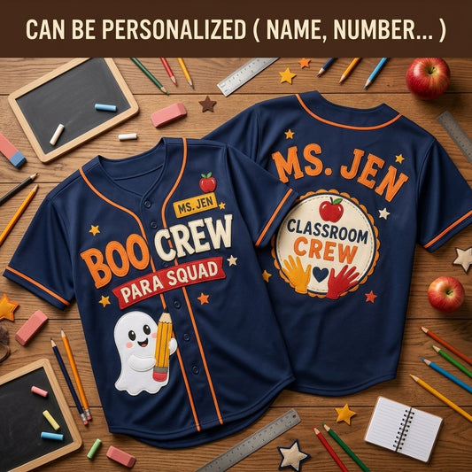Personalized Boo Crew Para Squad Halloween Baseball Jersey - Custom Teacher Name Classroom Crew Navy Jersey