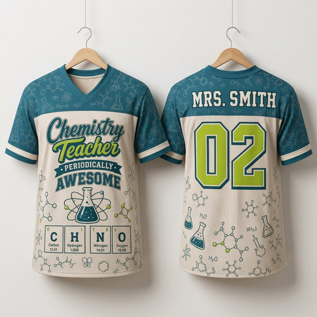 Personalized Chemistry Teacher Football Jersey - Custom Name & Number - Periodically Awesome Science Gift