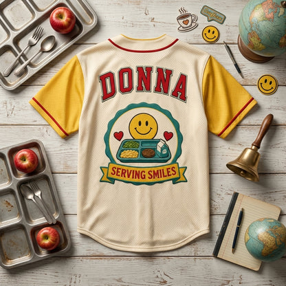 Personalized Serving Smiles Lunch Crew Baseball Jersey - Custom Name School Cafeteria Worker Gift