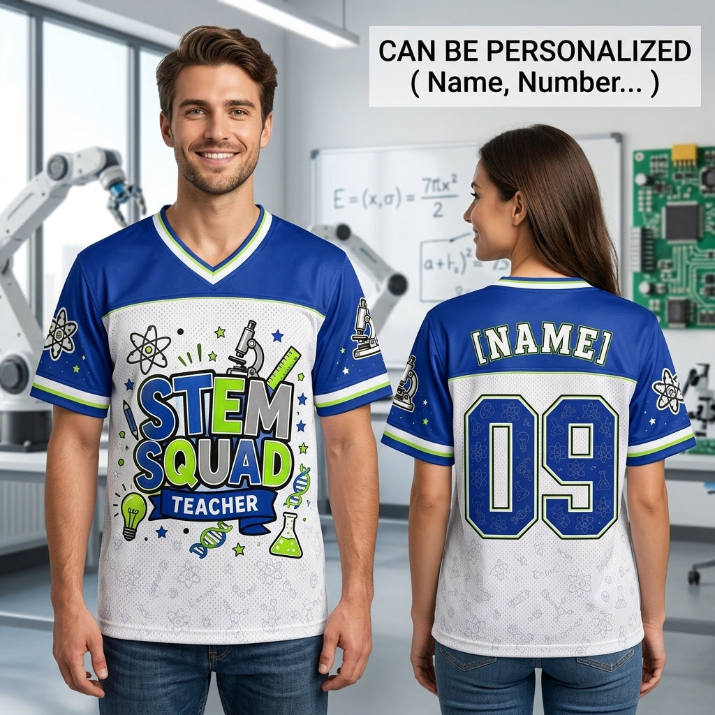 Personalized STEM Squad Teacher Football Jersey - Custom Name Science Educator Mesh Shirt