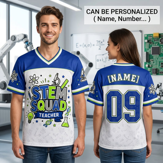 Personalized STEM Squad Teacher Football Jersey - Custom Name Science Educator Mesh Shirt