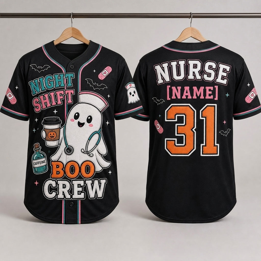 Personalized Night Shift Boo Crew Halloween Nurse Baseball Jersey - Custom Name Ghost Nurse Gift product view 3