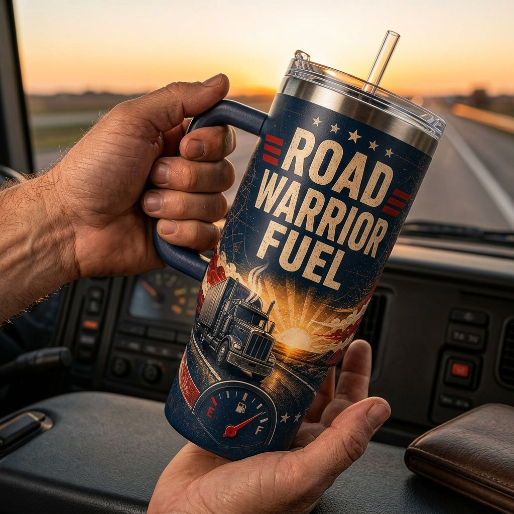 Personalized Trucker 40oz Tumbler with Handle - Road Warrior Fuel Custom Name Gift