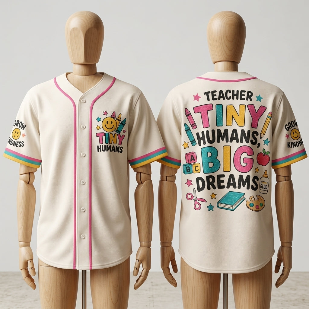 Teacher Tiny Humans Big Dreams Baseball Jersey - Cute Personalized Gift for Preschool & Elementary Educators