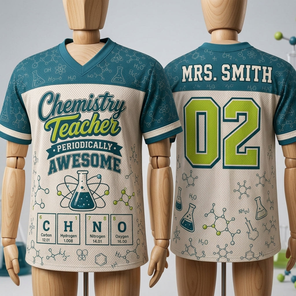 Personalized Chemistry Teacher Football Jersey - Custom Name & Number - Periodically Awesome Science Gift