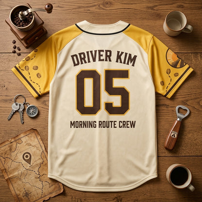 Personalized Route Fuel Squad Baseball Jersey - Custom Name & Number Morning Route Crew Coffee Shirt