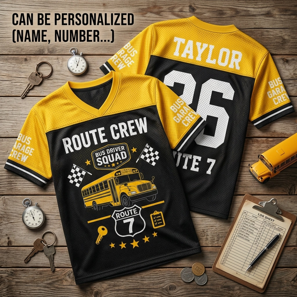 Personalized Bus Driver Squad Football Jersey - Custom Name and Route Number School Bus Crew Apparel