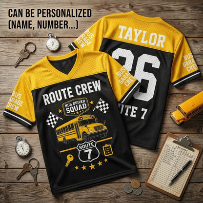 Personalized Bus Driver Squad Football Jersey - Custom Name and Route Number School Bus Crew Apparel
