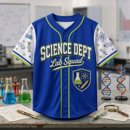 Personalized Science Teacher Baseball Jersey - Custom Name and Number Lab Squad STEM Gift