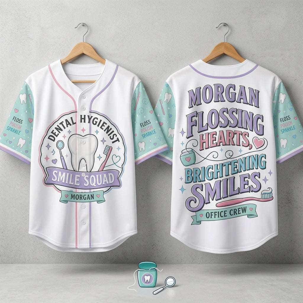 Personalized Dental Hygienist Smile Squad Baseball Jersey - Custom Name Dental Assistant Office Crew Gift