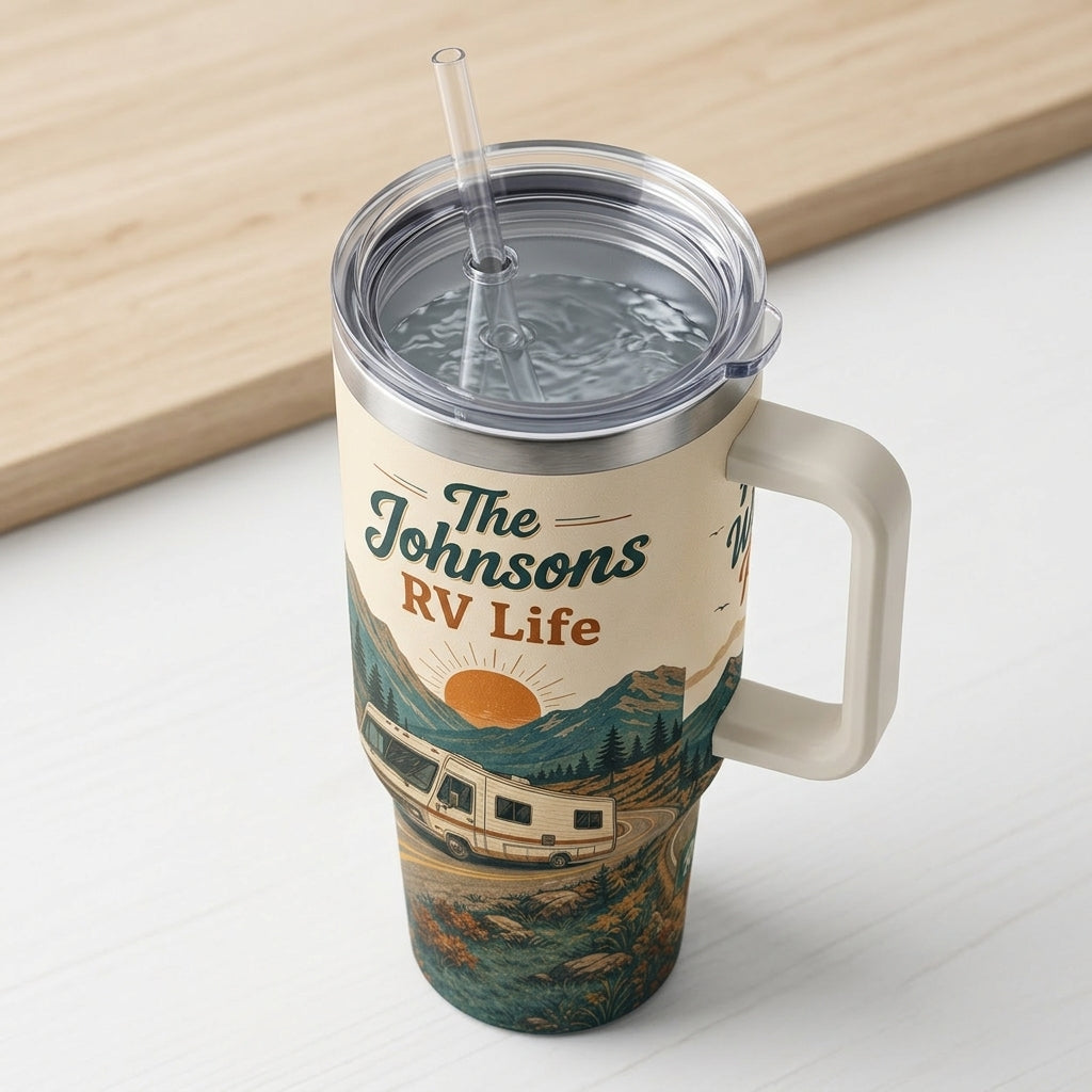 Personalized RV Life 40oz Tumbler with Handle - Custom Name Road Trip Gift for Campers