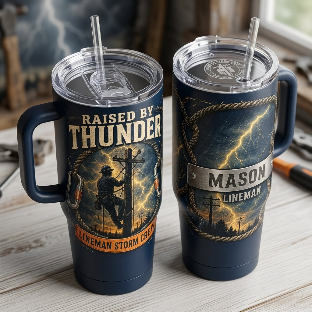 Personalized Lineman Storm Crew 40oz Tumbler with Handle - Custom Name Raised by Thunder Gift product view 5