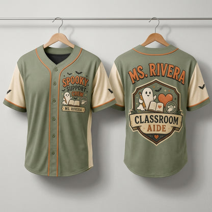 Personalized Spooky Support Crew Baseball Jersey - Custom Classroom Aide Ghost Halloween Shirt for Teachers