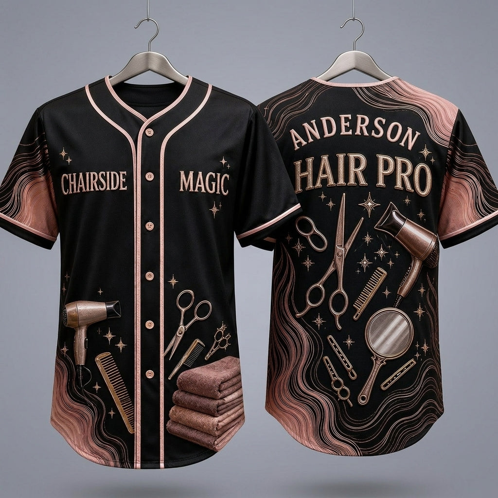 Personalized Hair Stylist Baseball Jersey - Custom Salon Name & Rose Gold Barber Tools Apparel - baseball jersey product view 3