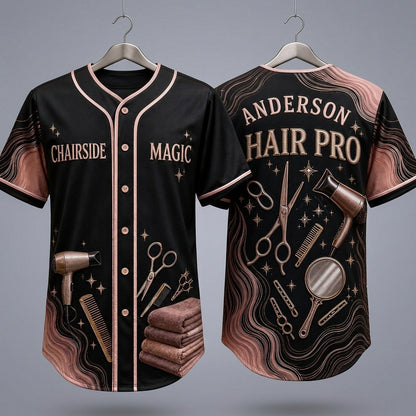 Personalized Hair Stylist Baseball Jersey - Custom Salon Name & Rose Gold Barber Tools Apparel - baseball jersey product view 3