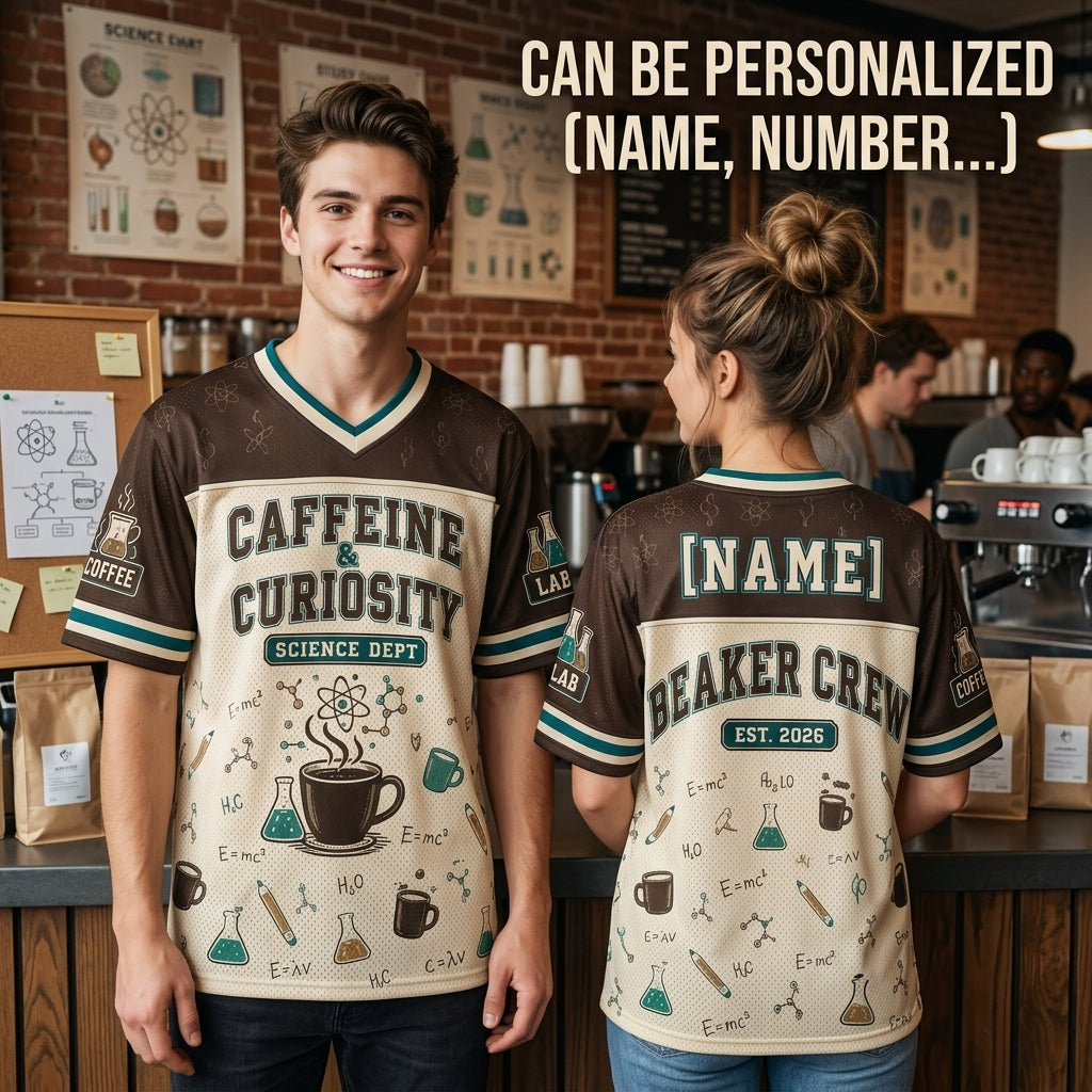 Personalized Caffeine & Curiosity Science Dept Jersey - Custom Name Beaker Crew Football Jersey
