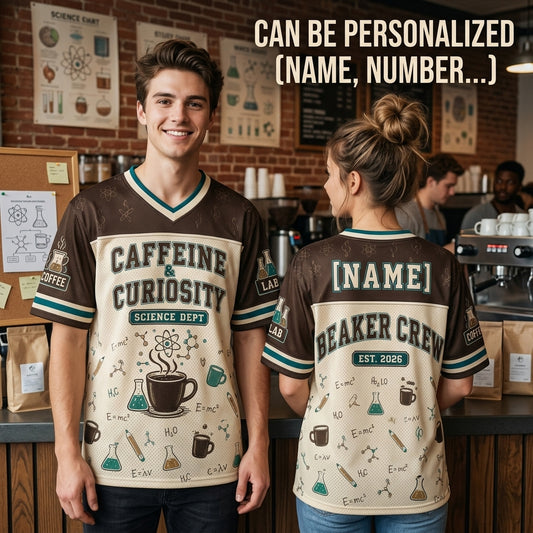 Personalized Caffeine & Curiosity Science Dept Jersey - Custom Name Beaker Crew Football Jersey
