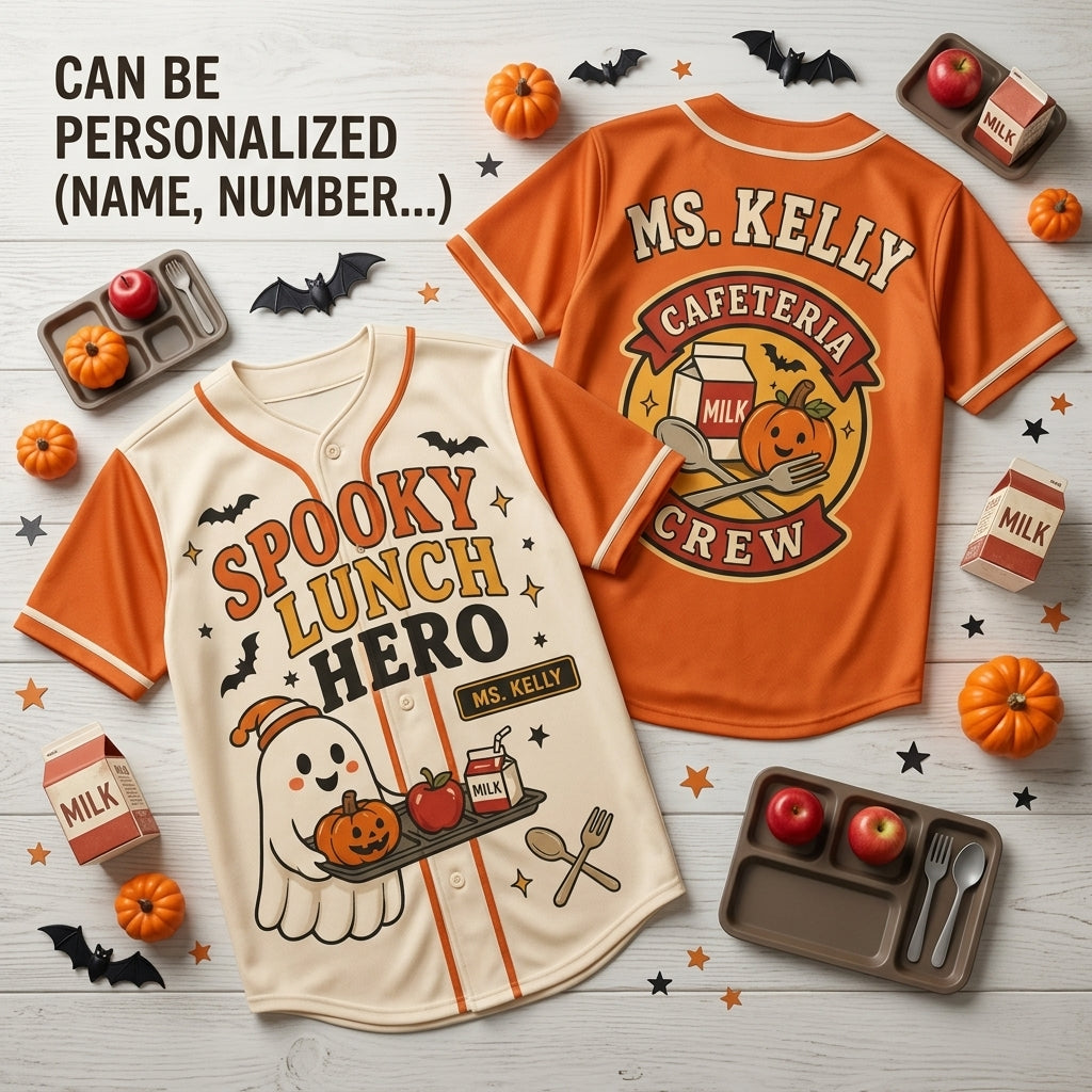 Personalized Spooky Lunch Hero Baseball Jersey - Custom Name Cafeteria Crew Halloween Ghost Shirt