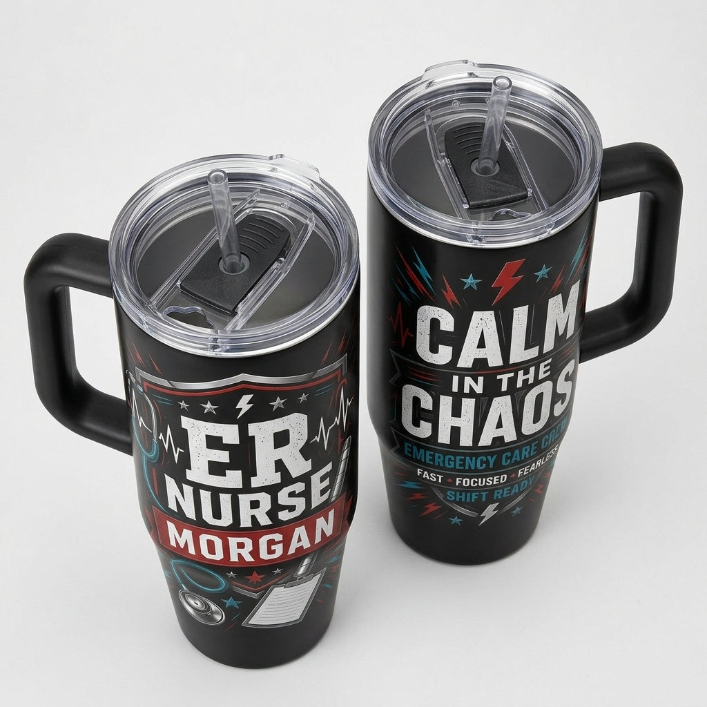 Personalized ER Nurse 40oz Tumbler with Handle - Custom Name Calm in the Chaos Medical Gift