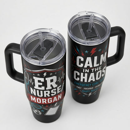Personalized ER Nurse 40oz Tumbler with Handle - Custom Name Calm in the Chaos Medical Gift