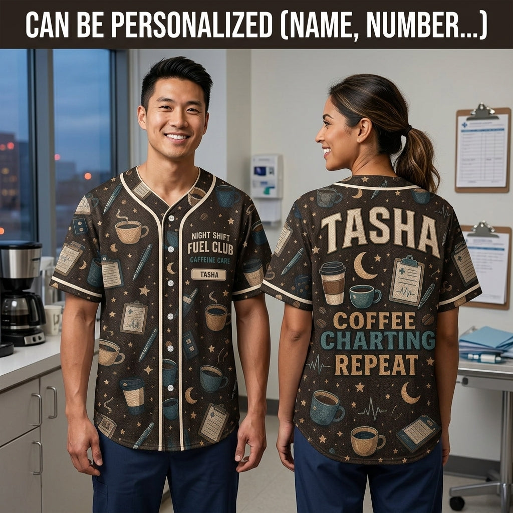 Personalized Night Shift Fuel Club Baseball Jersey - Custom Nurse Coffee & Charting Medical Gift