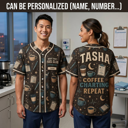 Personalized Night Shift Fuel Club Baseball Jersey - Custom Nurse Coffee & Charting Medical Gift