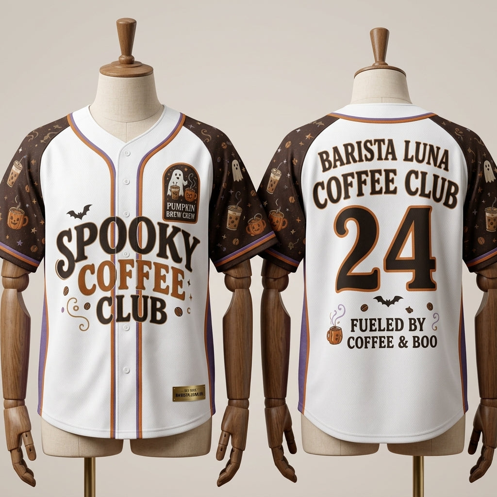 Personalized Spooky Coffee Club Baseball Jersey - Custom Name & Number Halloween Gift for Coffee Lovers & Baristas