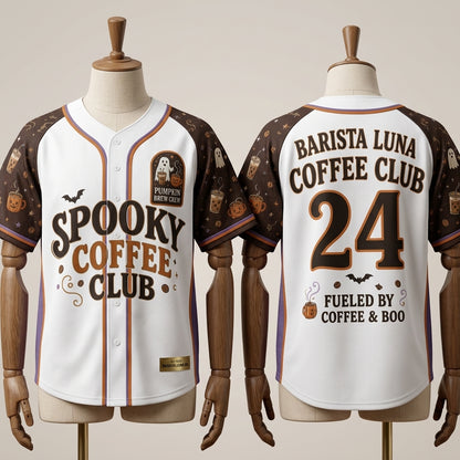Personalized Spooky Coffee Club Baseball Jersey - Custom Name & Number Halloween Gift for Coffee Lovers & Baristas