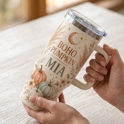 Personalized Boho Pumpkin 40oz Tumbler with Handle, Custom Name Autumn Travel Mug, Earthy Bohemian Gift