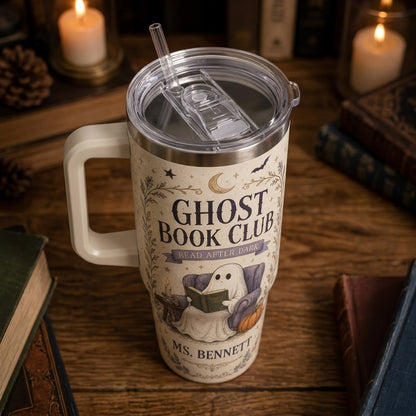 Personalized Ghost Book Club 40oz Tumbler with Handle - Custom Name Gift for Book Lovers and Teachers