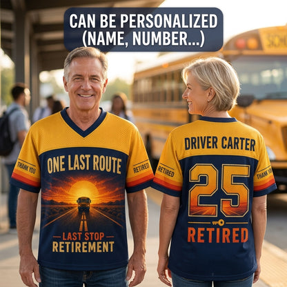 Personalized School Bus Driver Retirement Football Jersey - Custom Name & Number - One Last Route Gift