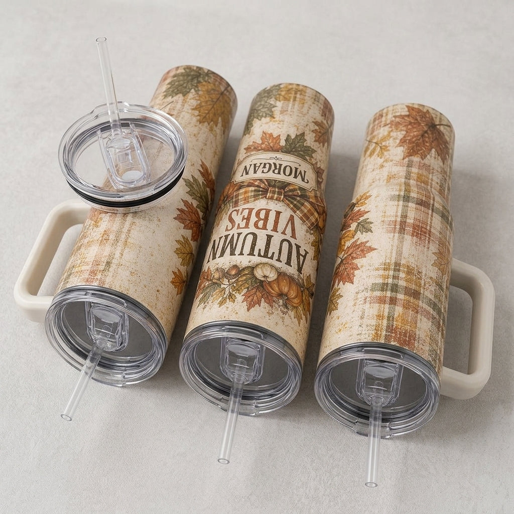 Personalized Autumn Vibes 40oz Tumbler with Handle, Custom Name Fall Leaf & Pumpkin Travel Mug