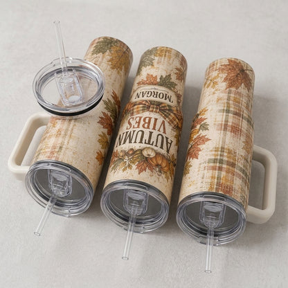 Personalized Autumn Vibes 40oz Tumbler with Handle, Custom Name Fall Leaf & Pumpkin Travel Mug