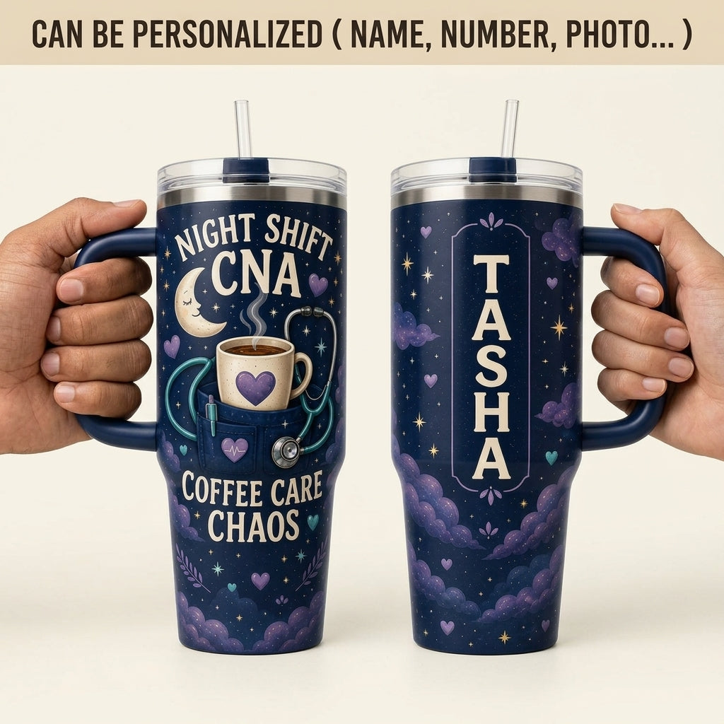 Personalized Night Shift CNA 40oz Tumbler with Handle, Custom Name Coffee Care Chaos Nursing Gift