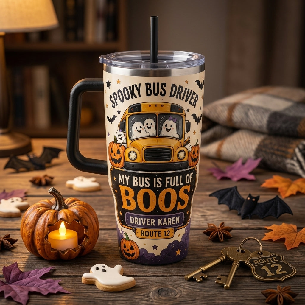 Personalized Spooky Bus Driver 40oz Tumbler with Handle - Custom Name Halloween Gift