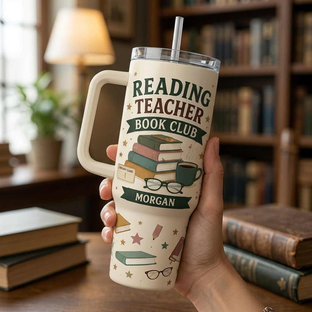 Personalized Reading Teacher Book Club 40oz Tumbler with Handle, Custom Bookish Gift for Teachers