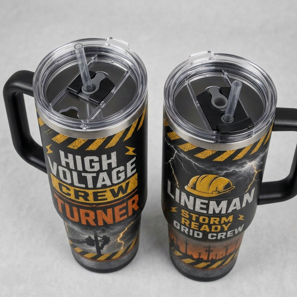 Personalized Lineman High Voltage Crew 40oz Tumbler with Handle - Custom Storm Ready Gift
