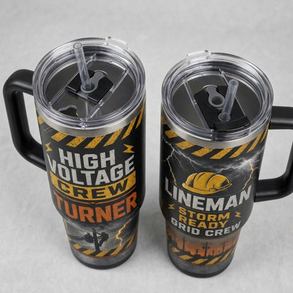 Personalized Lineman High Voltage Crew 40oz Tumbler with Handle - Custom Storm Ready Gift