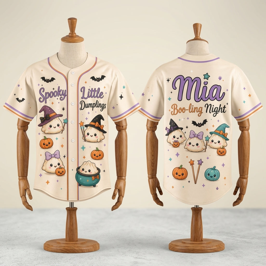 Personalized Spooky Little Dumplings Halloween Baseball Jersey - Custom Name Cute Witch Dumplings Button-Up