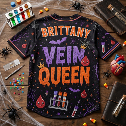 Personalized Vein Queen Baseball Jersey - Spooky Lab Royalty Phlebotomist Halloween Costume
