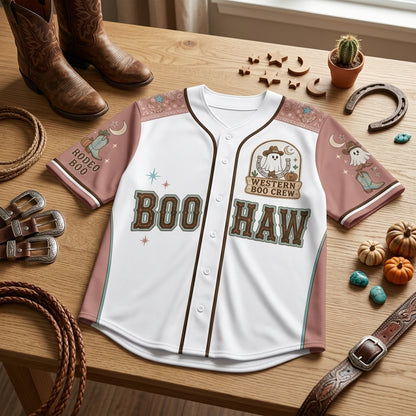 Personalized Ghost Cowgirl Halloween Baseball Jersey - Custom Name Western Boo Crew Boo Haw Jersey