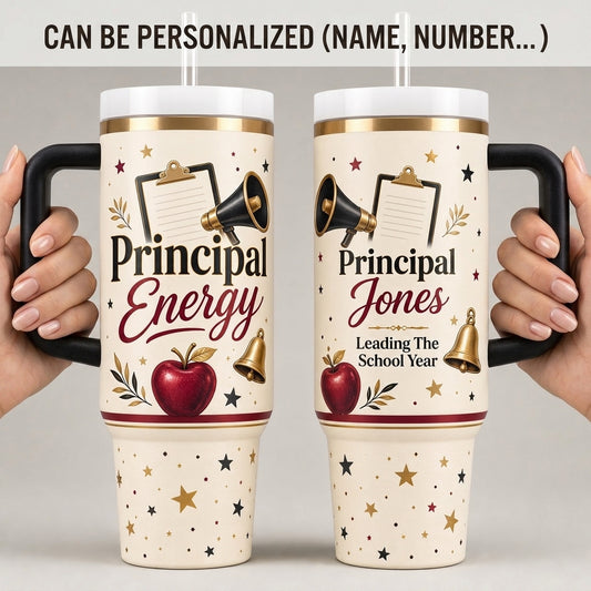 Personalized Principal Energy 40oz tumbler with handle and custom name