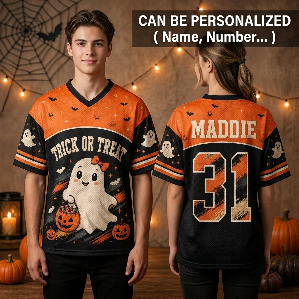 Personalized Trick or Treat Ghost Halloween Football Jersey - Customized Name and Number Sportswear