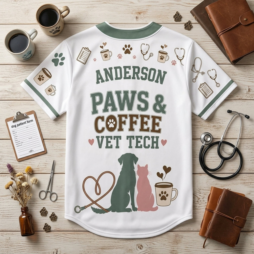 Personalized Vet Tech Paws & Coffee Baseball Jersey - Custom Name Veterinary Professional Gift Shirt - baseball jersey product view 5