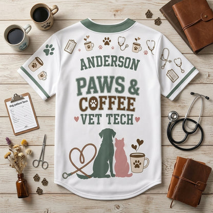 Personalized Vet Tech Paws & Coffee Baseball Jersey - Custom Name Veterinary Professional Gift Shirt - baseball jersey product view 5