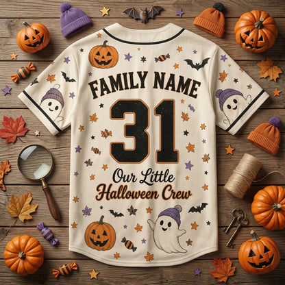 Personalized Family Name Halloween Crew Baseball Jersey - Custom Ghost and Pumpkin Spooky Season Matching Shirt
