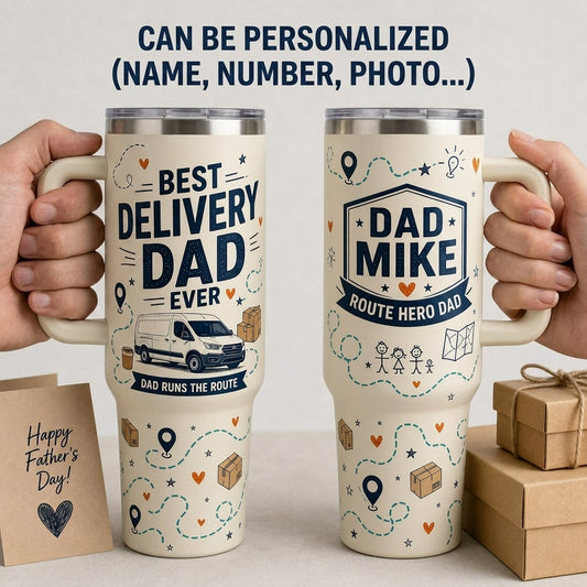 Personalized Best Delivery Dad Ever 40oz Tumbler with Handle - Custom Name Route Hero Gift