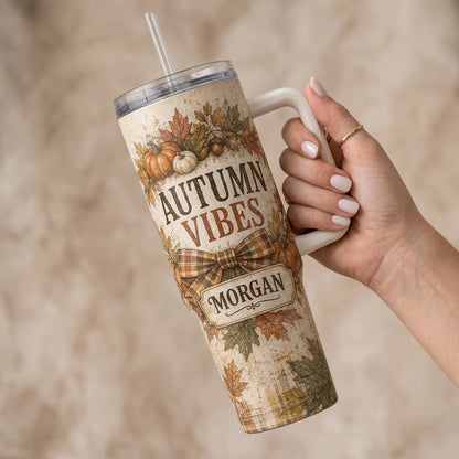 Personalized Autumn Vibes 40oz Tumbler with Handle, Custom Name Fall Leaf & Pumpkin Travel Mug